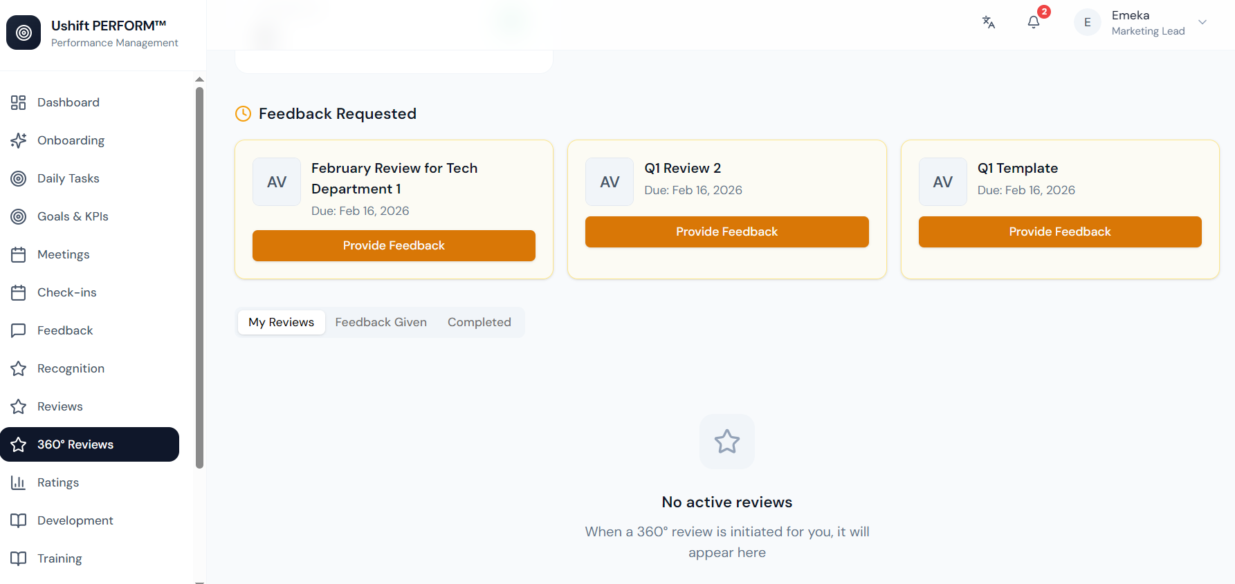 Ushift Perform 360-degree feedback dashboard with AI summary
